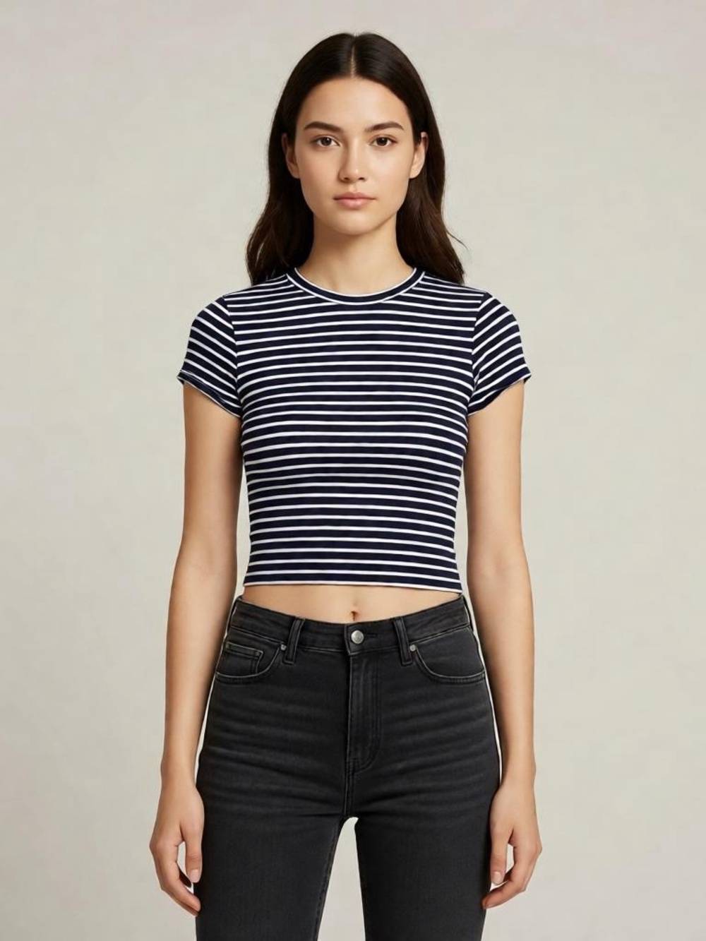 Navy & White Striped Soft Tee – Y2K Stretch Basic T-Shirt (Fits Small)